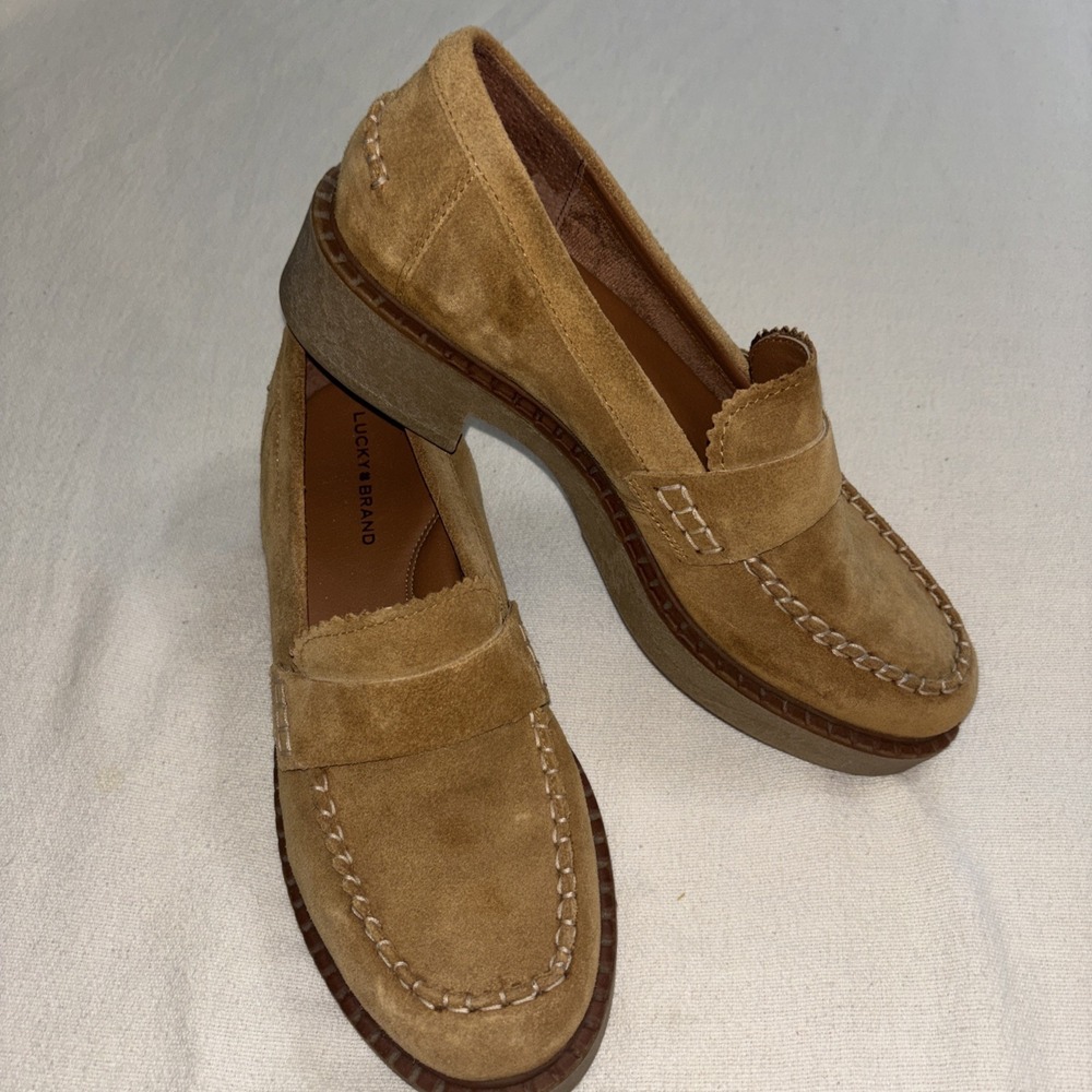 Lucky Brand Larissah Leather Loafers Tan Suede Whipstitch Lug Sole Shoes Size 9M